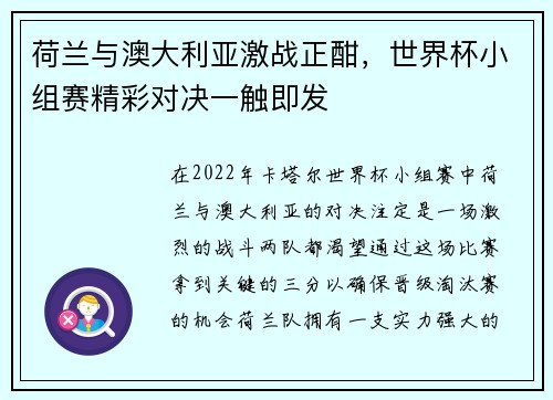 荷兰与澳大利亚激战正酣，世界杯小组赛精彩对决一触即发